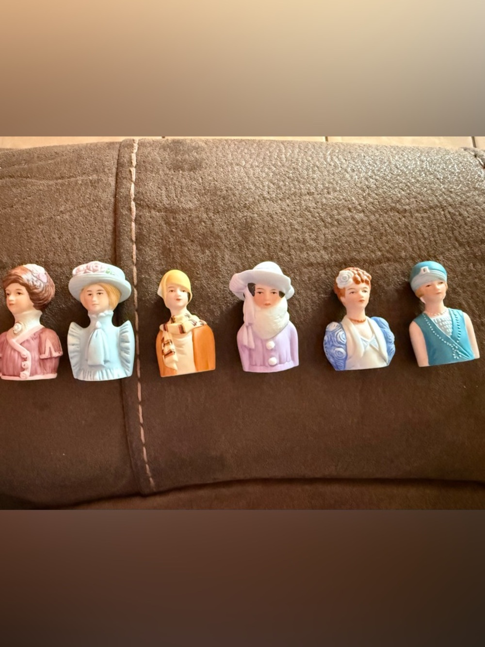 Avon Porcelain Lady Thimble in Lavender and Cream. Lot of 6 thimbles.
